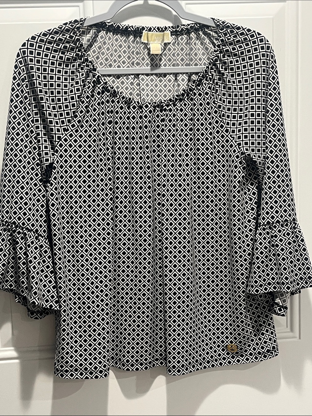 Michael Kors Black & White Geometric Diamond Print Bell Sleeve Peasant Blouse